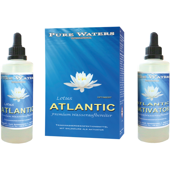 Unsere Empfehlung: Lotus ATLANTIC Premium Wasseraufbereiter in hochwertigen KS-Flaschen mit Salzsäure als Aktivator und Pipetten zur leichten Dosierung